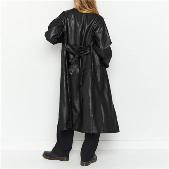 Black Faux Leather Long Trench Coat Lapeled Open Front Moto Blazer Jacket - Picture 5 of 8